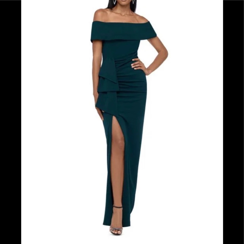 Xscape Women's Green Petite Off-the-shoulder Draped Evening Gown Size 8P